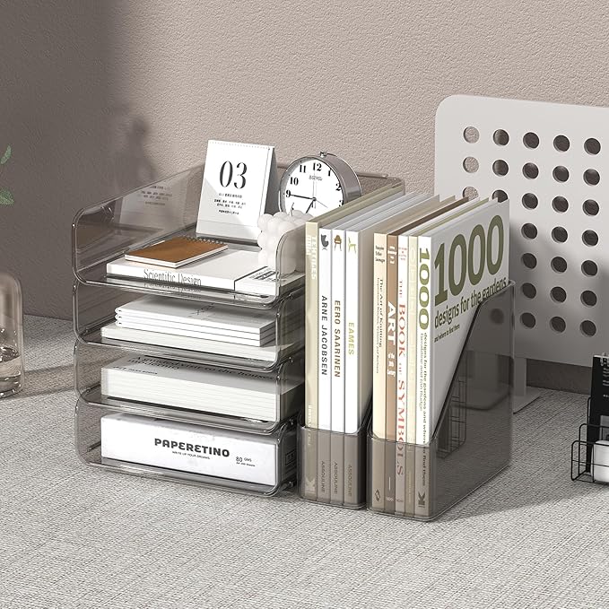 4-Tier Acrylic Paper Tray Organizer with Bookends | Clear Stackable Desk Organizer for Documents, Letters, A4 Paper | Modern Office/Classroom/Home Organization,Brown