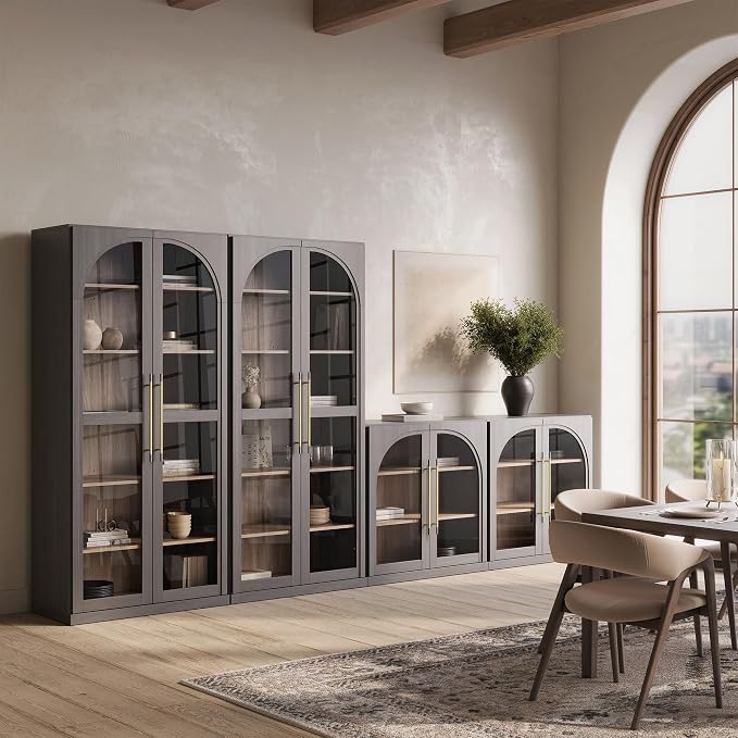BELLEZE 67" Storage Cabinet Set of 2, 6 Shelf Glass Bookshelf Display Cabinet, Modern Wood Wine Curio Cabinets with 4 Adjustable Shelves, Trophy Display Case for Living Room, Wine, Ebony