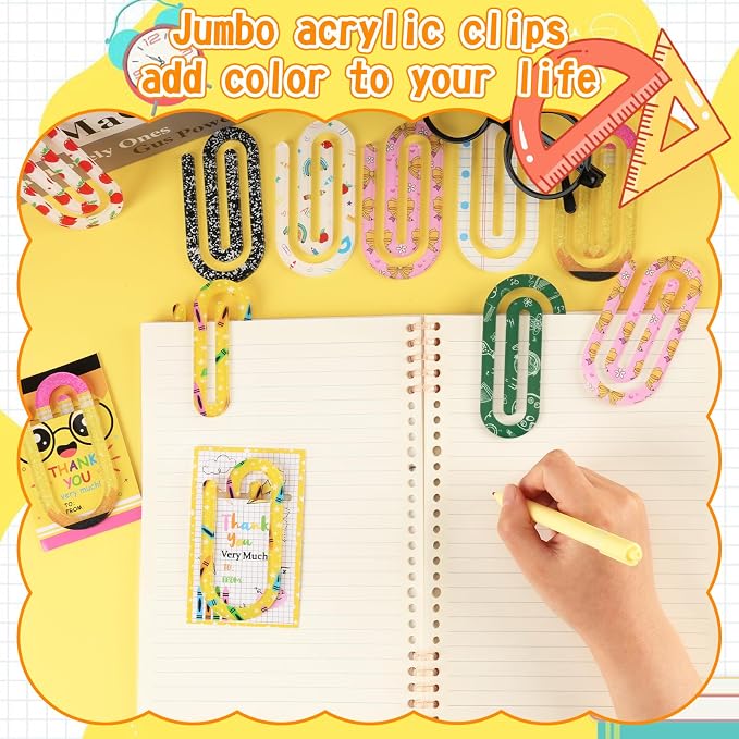 IANFEPH 24 Sets Back to School Teacher Gift Jumbo Acrylic Paper Clips | 8 Cute Paperclip Designs with Card, 4" X 2" Large Teacher Appreciation Paperclip Bookmark for Classroom Office Supplies