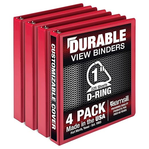 Samsill Durable 1 inch 3 Ring Binder, D Ring Binder, 100% Recycled Chipboard, Red, 4 Pack