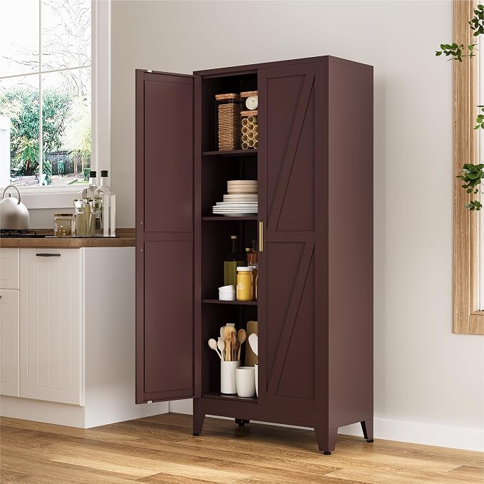 COFaR 61" Metal Storage Cabinet with Doors and Adjustable Shelves, Tall Pantry Cabinet Freestanding Kitchen Pantry Storage Cabinet, Steel Cupboard for Bathroom, Living Room & Office, Reddish Brown