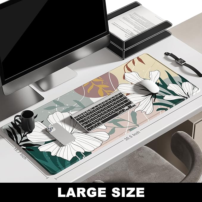 BOSOBO Large Mouse Pad, Desk Pad, XXL XL Extended Gaming Mouse Pad, Desk Mat for Office & Home, Long Keyboard Mat, Huge Mouse Pad, Desktop Full Cover 35.5 x 15.7 Inches, Modern Style Blue Flowers