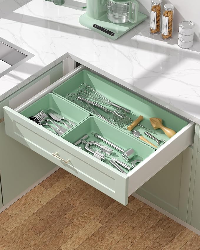 10 Pack Large Size Plastic Drawer Organizers Set, 3 Sizes Desk Drawer Organizer Trays, Storage Bins for Vanity, Makeup, Bathroom, Kitchen Utensils and Office (Green)