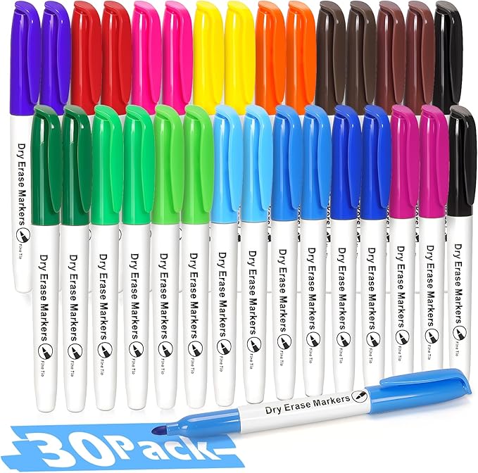 Duchong 30 Packs Dry Erase Markers in 15 Colors, Fine Tip Whiteboard Markers for Kids Teachers, Dry Erase Pens Bulk for Classroom Home, Back to School Supplies