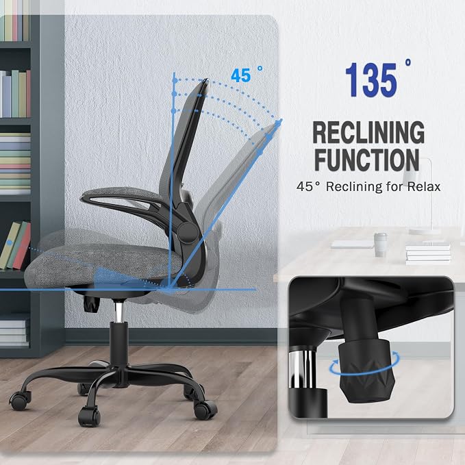 Ergonomic Office Chair w/Adjustable Lumbar, Flip Armrest, 135° Recline | Supports 300 lbs · Seat 19.48"–23.4" · Breathable mesh · 20–30 min assembly · 5-year warranty