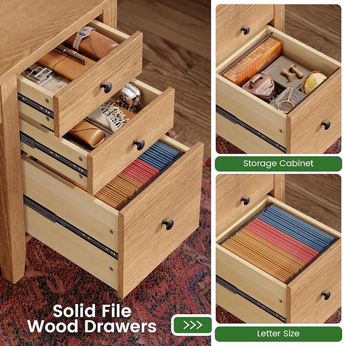SEDETA Solid Pine Wood Computer Desk, 58'' Executive Home Office Desk with 4 Wood Drawers and Storage Shelves for Work Study Writing,Oak
