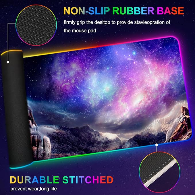 RGB Gaming Mouse Pad, Large Extended Soft Led Mouse Pad with 14 Lighting Modes 2 Brightness, Water Resist Keyboard Pad, Computer Mousepads Mat 35.4x15.7inch, Starry Mountains