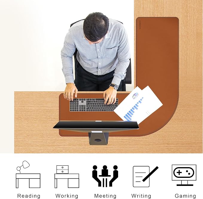 ZORESYN L Shaped Desk Mat 39.4"(L) x 39.4"(S) x 13"(W), Computer Corner Desk Pad, Large Waterproof PU Leather Mouse pad for Corner Desk, Writing Desk Pad Protector - Light Brown