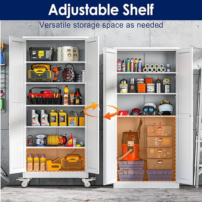 erosoei 75" H Metal Garage Storage Cabinet, Rolling Tool Cabinet with 2 Doors and Wheels, Locker Steel Cabinet with 5 Adjustable Shelves, Organization Cabinet for Garage,Office,Home,Gym,School（White）