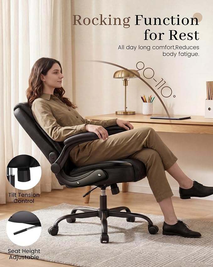 COMHOMA Mid-Back Office Chair, Ergonomic PU Desk Chair with Flip up Arms, Small Computer Gaming with Comfy Lumbar Support,Rocking Function,Sturdy Metal Base, Black