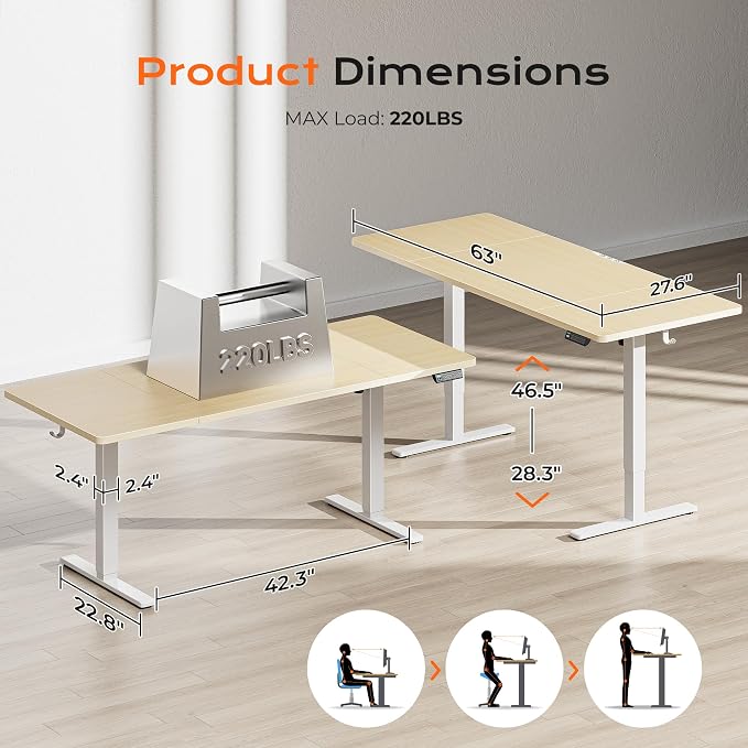 Huuger 63 x 28 Large Electric Standing Desk, Height Adjustable Computer Desk, 27.6" Deep Desktop, Stand up Gaming Office Table with 2 Hooks, 3 Preset Heights, for Home Office, Maple, 7021Q-1