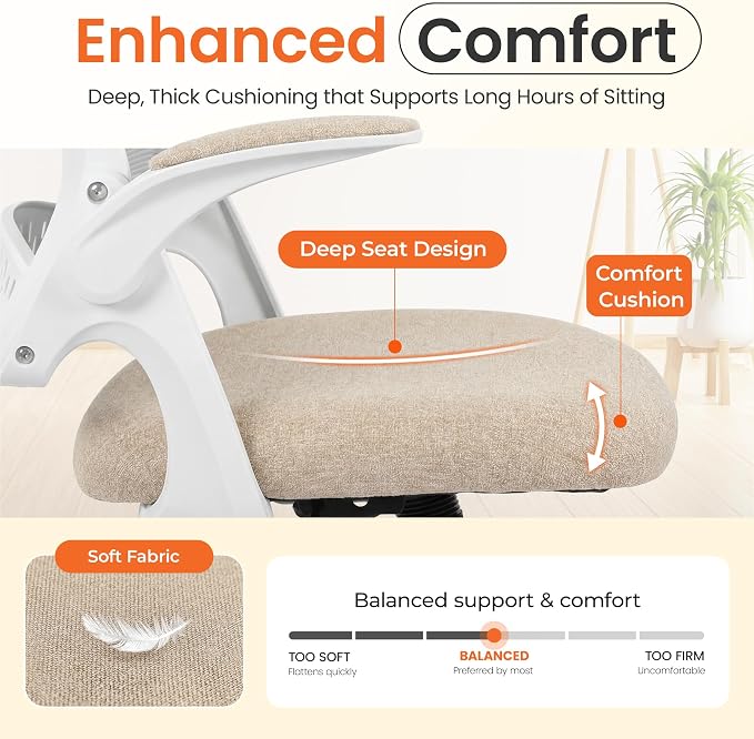 NEO CHAIR Office Computer Chair Ergonomic Mesh Back Flip-Up Arms, Beige | Lumbar Support, Smooth-Rolling Casters, Height Adjustable Seat, Comfortable Seating for Office, Study and Computer Work