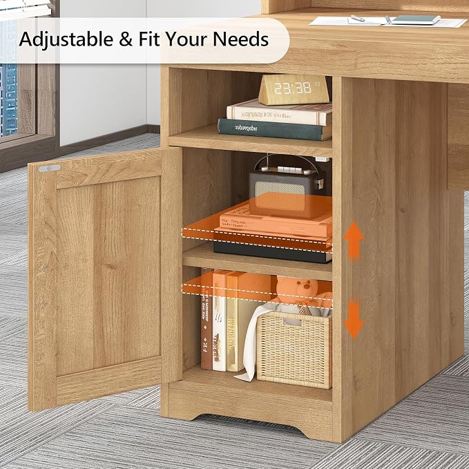 65" Farmhouse Computer Desk with Drawers and Printer Stand for Home Office | Office Desk with Power Outlets and Storage Cabinet, Study Writing Desks with Long Monitor Stand, Oak