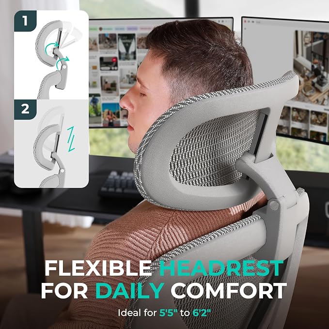 Ergonomic Mesh Office Chair, Adjustable Lumbar High Back Desk Chair 400lbs, 4D Flip-up Arms, 3 Tilt Backrest, 3D Headrest, PU Wheels, Swivel Rolling Computer Seating for Long Desk Work - Grey