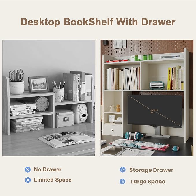 ChooChoo Desktop Bookshelf with Lights and 5 Shelves and 1 Drawer | 36.4" Tall Countertop Desk Hutch, Computer Desk, Desk Shelf Organizer, Dorm Office Home, White
