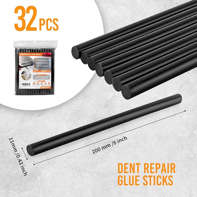 32 Pcs Dent Repair Glue Sticks, 0.43” Dia x 8” Long Black Hot Glue Sticks, Paintless Dent Repair Tool Kit PDR Glue Sticks for Craft Gun and Car Body Repair Dent Remover Tool