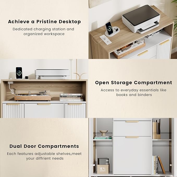 Fluted Mobile File Cabinet with Charging Station | 37" Rolling Storage Cabinet with 3 Drawers, Printer Stand with Wheels for Home Office, Light Walnut