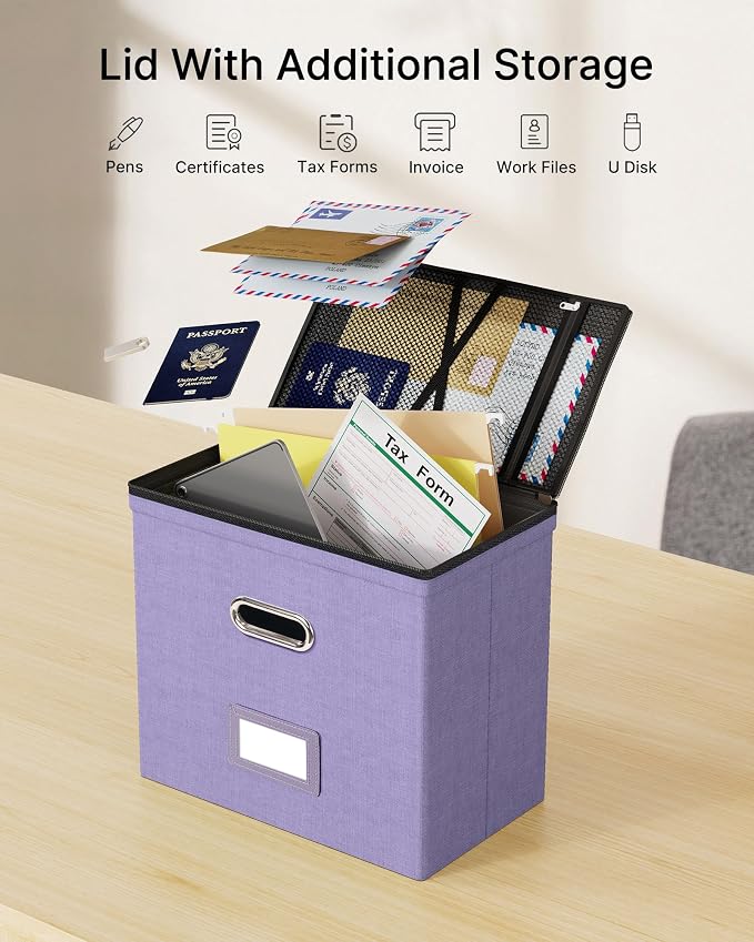 File Box Small 2-Pack Mesh Pockets Hanging Organizer for Letter-Size | Dustproof Lid. 3 Mesh Pockets. Collapsible Scratch-Resistant GRS Linen. Slide Rails. Office, Home, Dorm