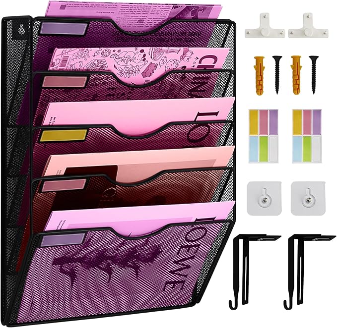 5 Pockets Mesh Wall File Holder Organizer Office Hanging File Folder Magazine Rack, Nametag Label Hooks Set Included (Black)