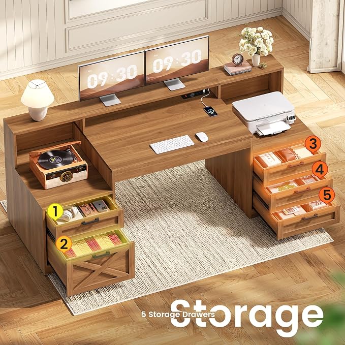 SEDETA 63" Farmhouse Computer Desk with 5 Drawers, Brown | Executive Office Desk with LED Lights & Monitor Stand, Wood Home Office Desk with 2 Printer Stand & Power Outlet