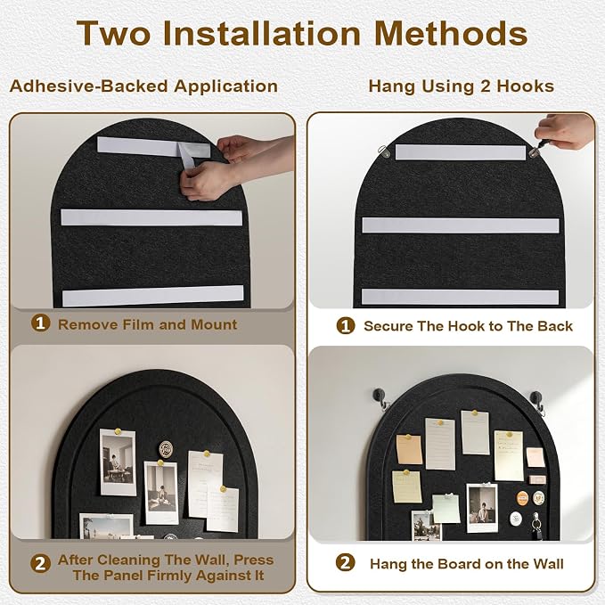 VABAMNA Arched Felt Bulletin Board 24" x 18", Grooved Edge Foldable Self-Adhesive Boards with Pins & Hooks for Office, School & Home Photo Display (Black)