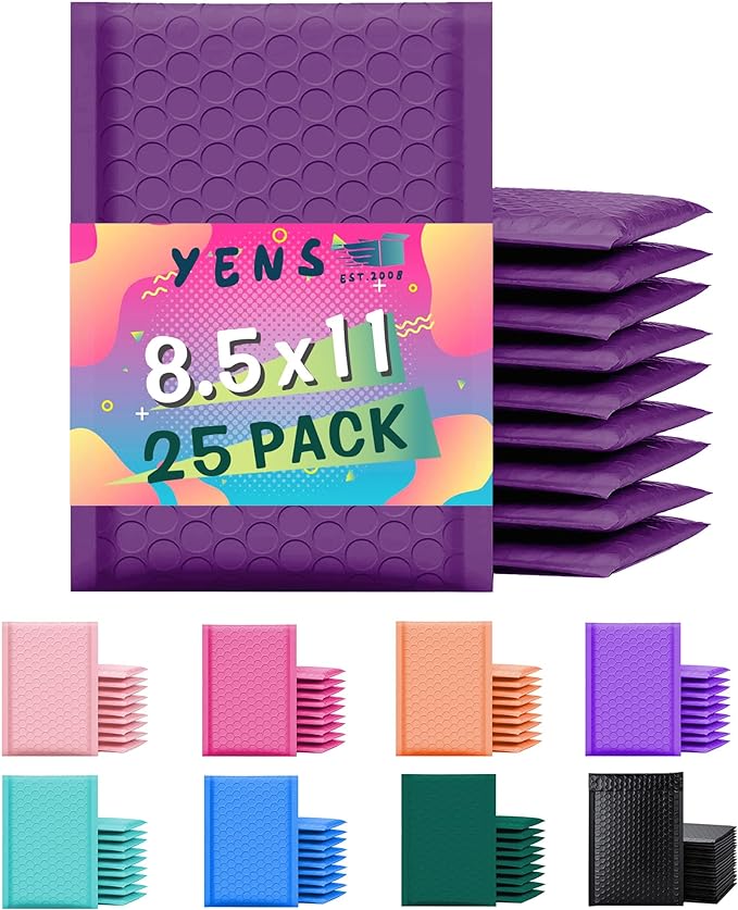 Yens Poly Bubble Mailers 8.5x12 25 Pack Purple Waterproof Self Seal Adhesive Shipping Bags, Cushioning Padded Envelopes for Shipping, Mailing, Packaging Usable 8.5x11