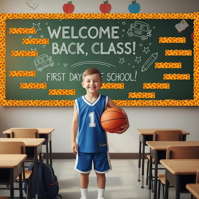 BeYumi Basketball Sport Border Trim - 65ft Back to School Basketball Sport on Orange Scalloped Rolled Border Trim Ball Sports Theme Bulletin Board Set Party School Classroom Chalkboard Wall Decoration
