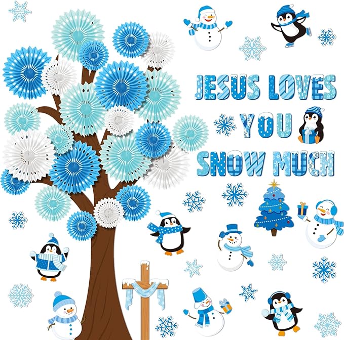 79 Pcs Winter Bulletin Board Decorations Jesus Loves You Snow Much Classroom Decor 3D DIY Christmas Tree Paper Fans Snowman Snowflake Penguins Cutouts for Winter Xmas Home School Wall Decor