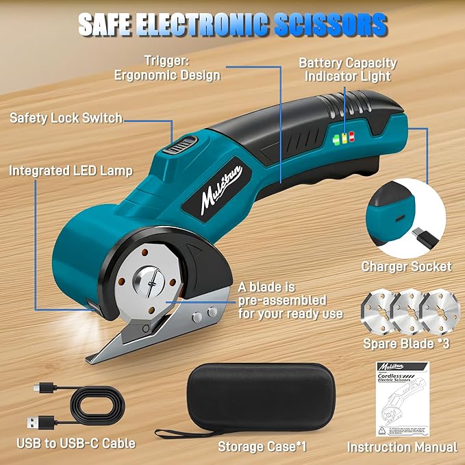 Electric Box Cutter with 4 Safety Blades,Storage Bag,Cardboard Cutter with Safety Lock,Led Light,4V 2000mAh Cordless Electric Scissors for Carton Carpet Fabric Leather（Dark Blue）