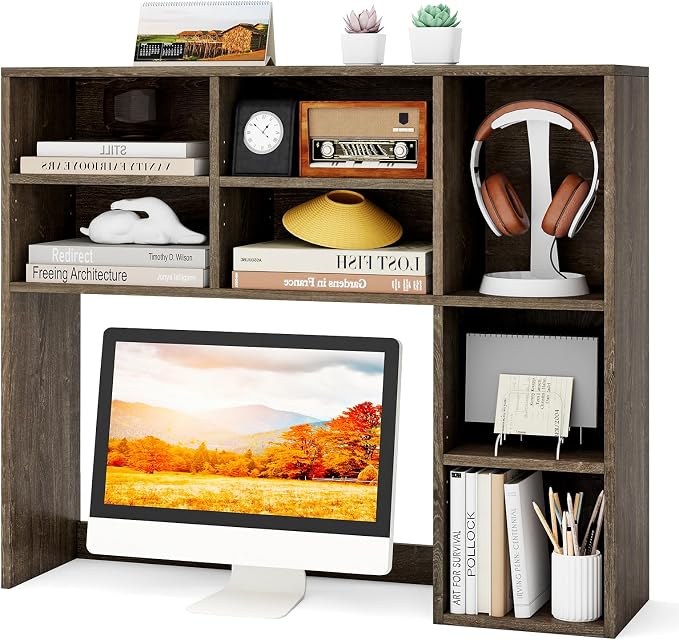 Tangkula Desktop Bookshelf, 37" Countertop Storage Hutch with 7 Cubes & 3 Adjustable Shelves, 3-Tier Desk Display Rack Organizer, Multipurpose Wood Desktop Hutch for Dorm Home Office (Grey)