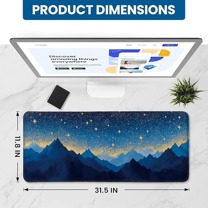 Aesthetic Desk Mat, Cute Starlit Peaks Desk Pad Protector for Work & Decor, 31.5" x 11.8", Pretty Non-Slip Extended Mouse Pad for Office or Home