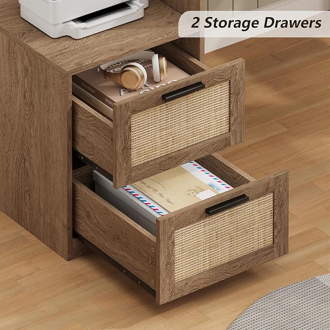 63" Rattan L Shaped Desk with Drawers & Printer Shelf for Home Office | Corner Computer Desk with Storage, Power Outlets, L Shaped Office Desk with Monitor Stand, Printer Shelf, Oak