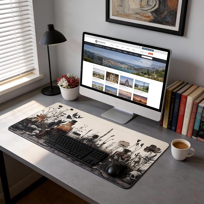 Aesthetic Skull Gaming Mouse Pad, Earth Tone Vintage Botanical Desk Mat with Anti-Slip Base & Stitched Edges,35.4" x 15.7" in Table Mat for Computer Desktop, Beautiful Workstation Decor