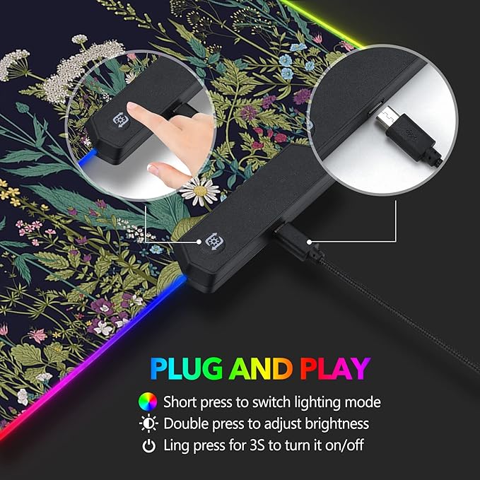 RGB Gaming Mouse Pad Large, AIMSA Keyboard Led Mousepad Extended 35.4 x 15.8 inch Non-Slip Rubber Base with 14 Lighting Modes, Big Desk Mat Waterproof, Flowers Plants
