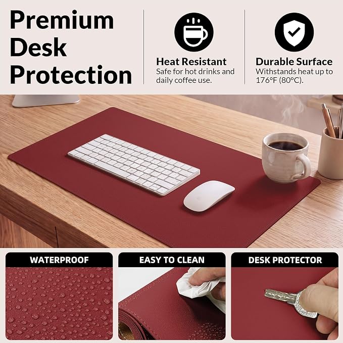 AFIING Cork Desk Mat, 35.4" x 17", Red,Desk pad Protector | Dual-Sided Cork & PU Leather, Large Mouse Pad, Non-Slip & Waterproof