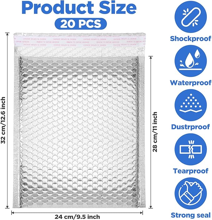 Thermal Bubble Mailers, 20 Pack Silver Metallic Insulated Shipping Bags, 8 x 11 Inch Self Seal Waterproof Foil Mailing Envelopes