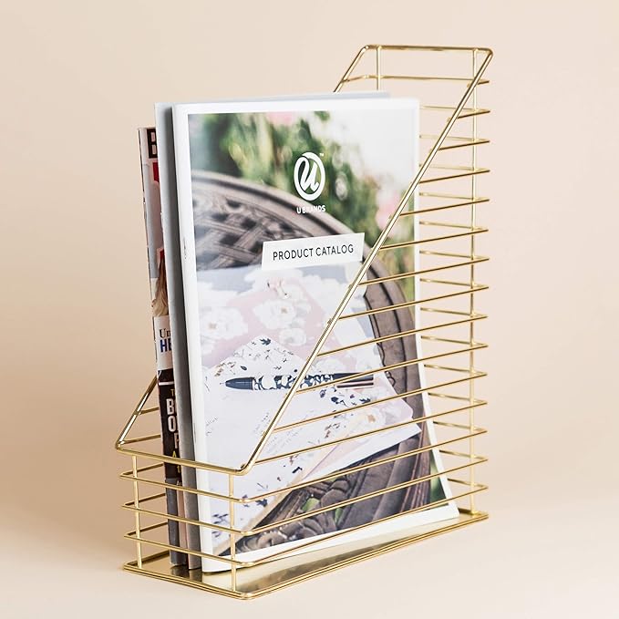 U Brands Metal Magazine Holder, Desktop Accessory, Vena Collection, Gold