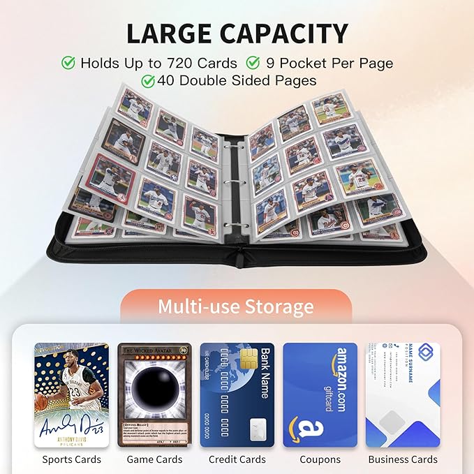 Trading Card Binder, Premium 9 Pocket 720 Double Sided Pocket Collection Binder,Card Album for TCG Card Holder for Game Card, Sports Card, Yugioh, MTG etc(Black 1)