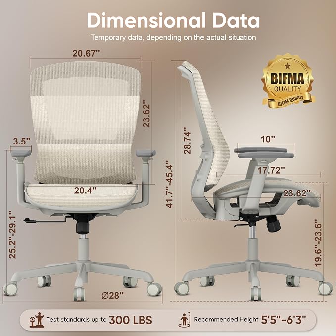 Mesh Office Chair,Ergonomic Computer Desk Chair,Sturdy Task Chair- Adjustable Lumbar Support & Armrests,Tilt Function,Comfort Wide Seat,Swivel Home Office Chair (Beige)