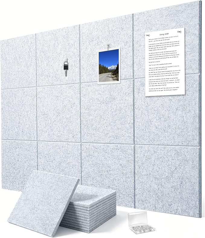 Felt Wall Tiles Bulletin Board Large Cork Board Alternative 12 Pack 11.81”x11.81”x0.47” Felt Pin Board Tack Board with Safe Removable Adhesive Tabs for Home Office School 48x36(Silver Grey)