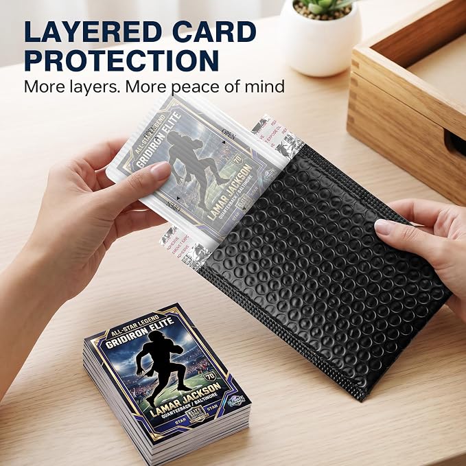 Trading Card Shipping Kit with Bubble Mailers, Kraft Envelopes and Sleeves | Includes card shipping protectors, clear bags and tape seals for layered protection, fast packing and everyday card shipping.