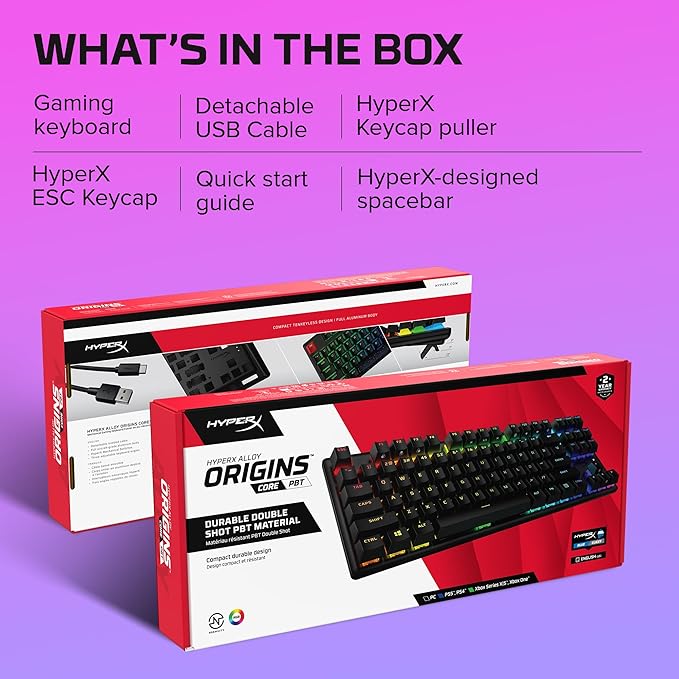 HyperX Alloy Origins Core Mechanical Gaming Keyboard PBT Keycaps Tenkeyless TKL Blue Switch Clicky LED RGB Backlight Playstation Xbox Licensed for PC, PS5, PS4, Xbox Series X|S, Xbox One, Desk Setup