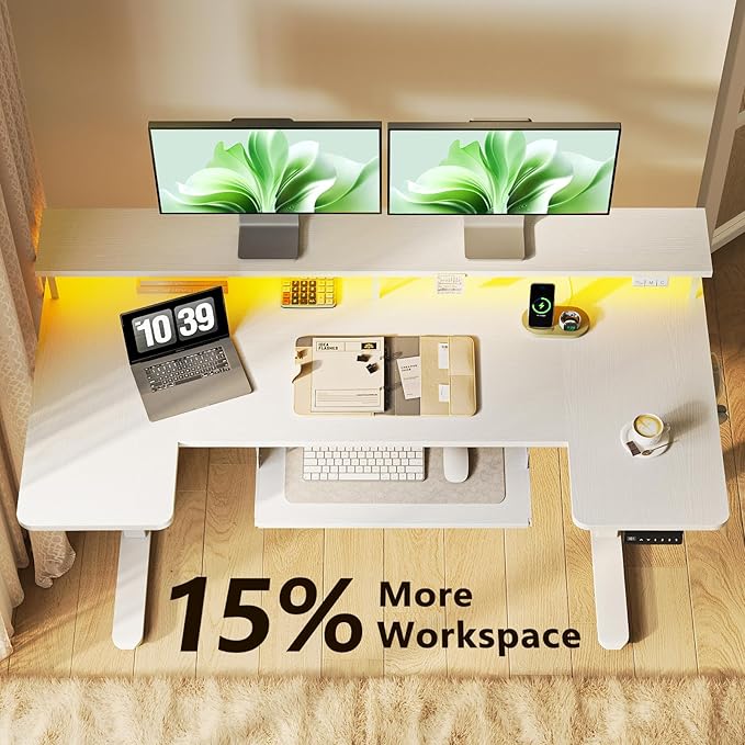 55 Inch U Shaped Electric Standing Desk with Keyboard Tray, White | 3 Outlets & 2 USB Ports, Dual-Monitor Stand, 10 Colors & 10 LED Modes, 3 Presets, 28.3"-46.5"in Range, 154 lb Capacity