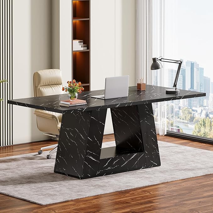Tribesigns Modern Executive Desk, 63-Inch Large Office Desk Workstation, Simple Style Computer Desk Study Table with Sturdy Base, Wooden Faux Marble Writing Desk for Home Office, Black