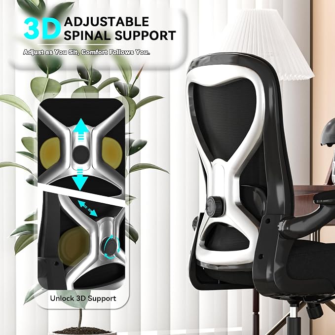 Ergonomic Home Office Chair, 4-Way Lumbar, Thick Cushion, 330LBS | Adjustable Lumbar (up/down/in/out), Rocking Mesh Back, Flip-up Arms, Easy Assembly, Ideal for home offices & small workspaces