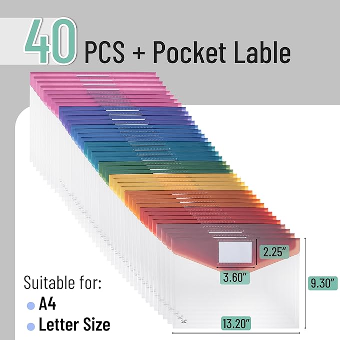 Mr. Pen- Clear Plastic Envelopes, 40 Pack, A4, Letter Size, Colorful, Clear Folders for Documents Plastic Envelopes for Documents