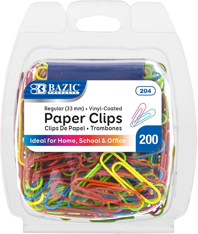 2 Pk, Bazic Vinyl-Coated #1 Regular Assorted Paper Clips, 33mm, 200 Per Pack