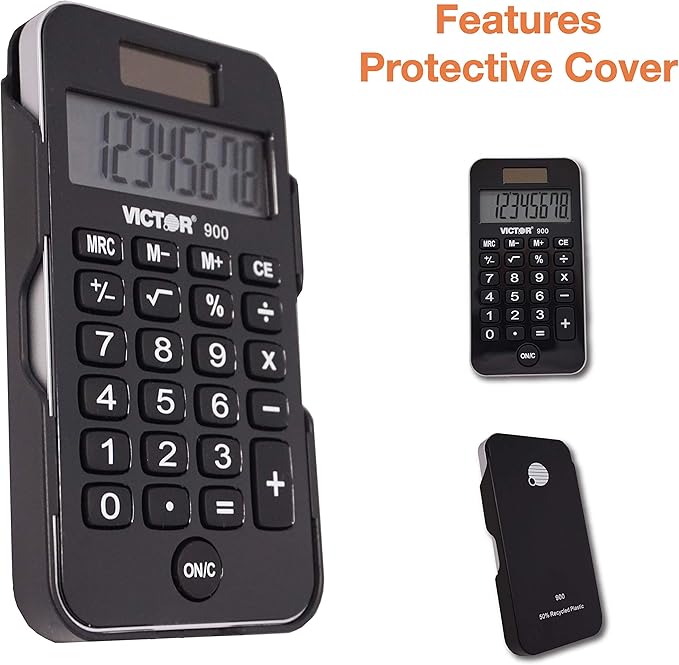 Victor 900 8-Digit Standard Function Calculator with Hard Protective Cover, Solar and Battery LCD Display, Small Pocket Calculator for Students and Professionals, Black, 0.3" x 2.5" x 4.3"