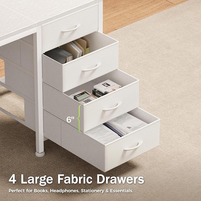 63 Inch Computer Office Desk with Power Outelts and USB-C Port, Reversible Gaming Desk with 4 Fabric Drawers, Work Study Desk Work from Home, White