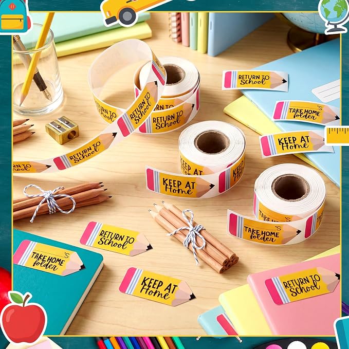 600 Pcs Take Home Return to School Labels,Pencil | 3 Rolls Thermal Printed, Student Homework Folder Stickers, Keep at Home Label, Classroom Office Organization